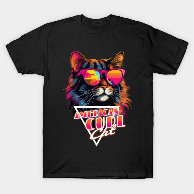 Retro Wave American Curl Cat Miami Shirt T-Shirt by Miami Neon Designs